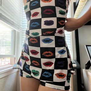 Black white rainbow body skirt with shorts matching set. checkered kiss pattern